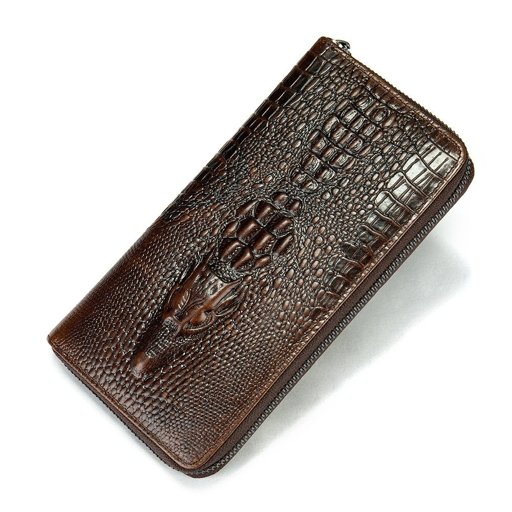 (image for) Ekphero Crocodile Print Men's Genuine Leather Wallet RFID Blocking Long Card Holder Purse Multi Card Slots Card Case Vintage Money Clip