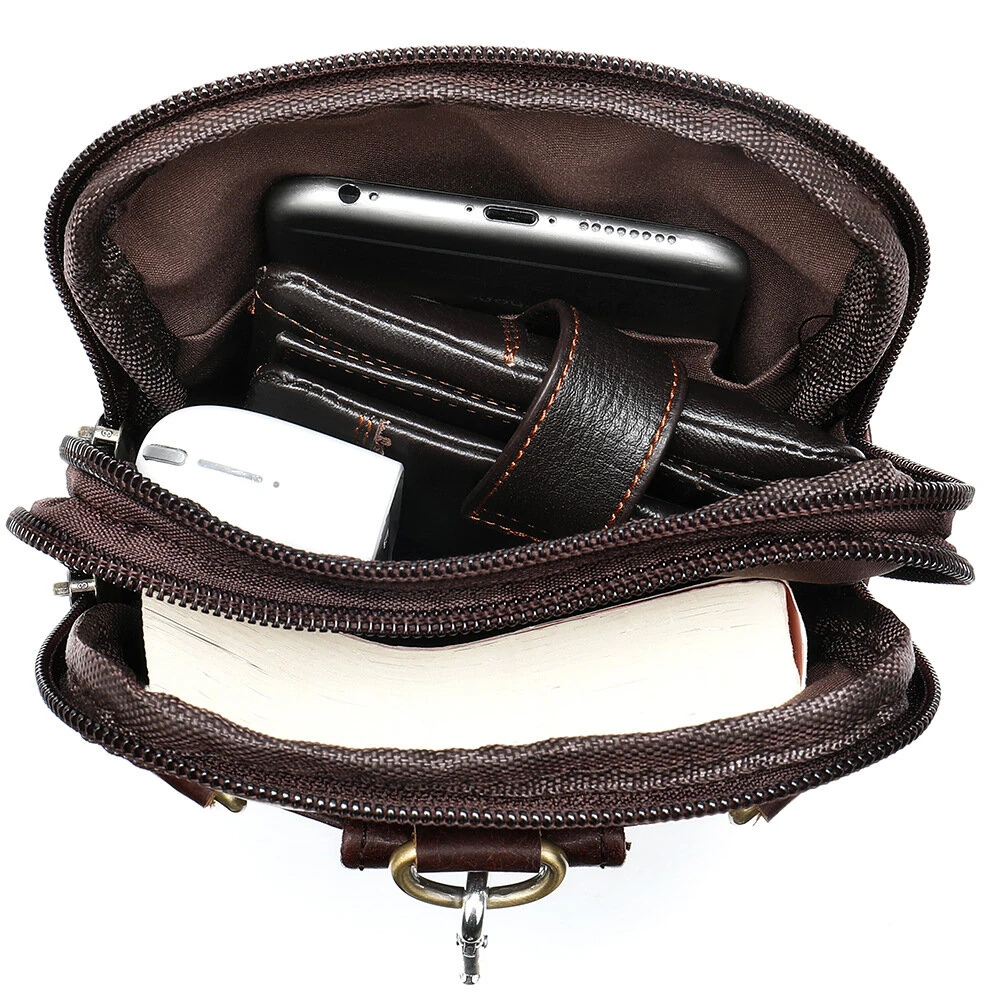 (image for) Ekphero Men's Genuine Leather Crossbody Bag with Zipper Mobile Phone Shoulder Bag Small Travel Waist Bag Multi-Pockets Male Belt Waist Packs